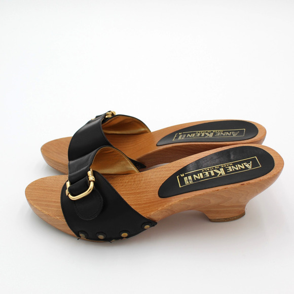 Y2K Iconic Wood Chunky Clog Slip On Mule Buckle Italy Anne Klein 7.5 Black - Picture 2 of 9